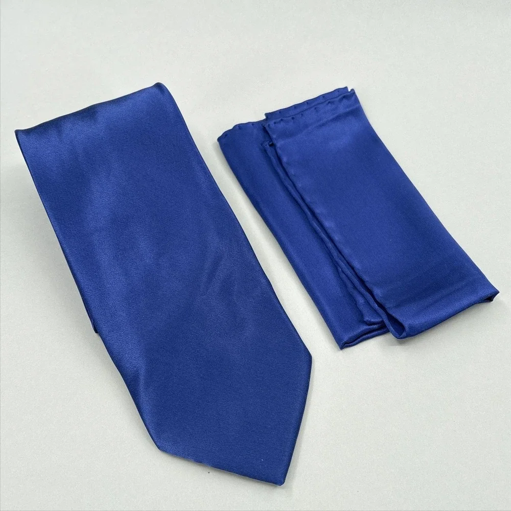 Brioni Silk Tie Pocket Square Set Blue Solid Handmade Italy Satin Luxury Classic